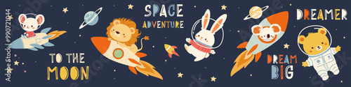 A collection of flat vector illustrations in children's style. Cute animals flying in spacesuits and on a rocket. Lion mouse bunny koala fox bear cub. A set of space-themed lettering and captions
