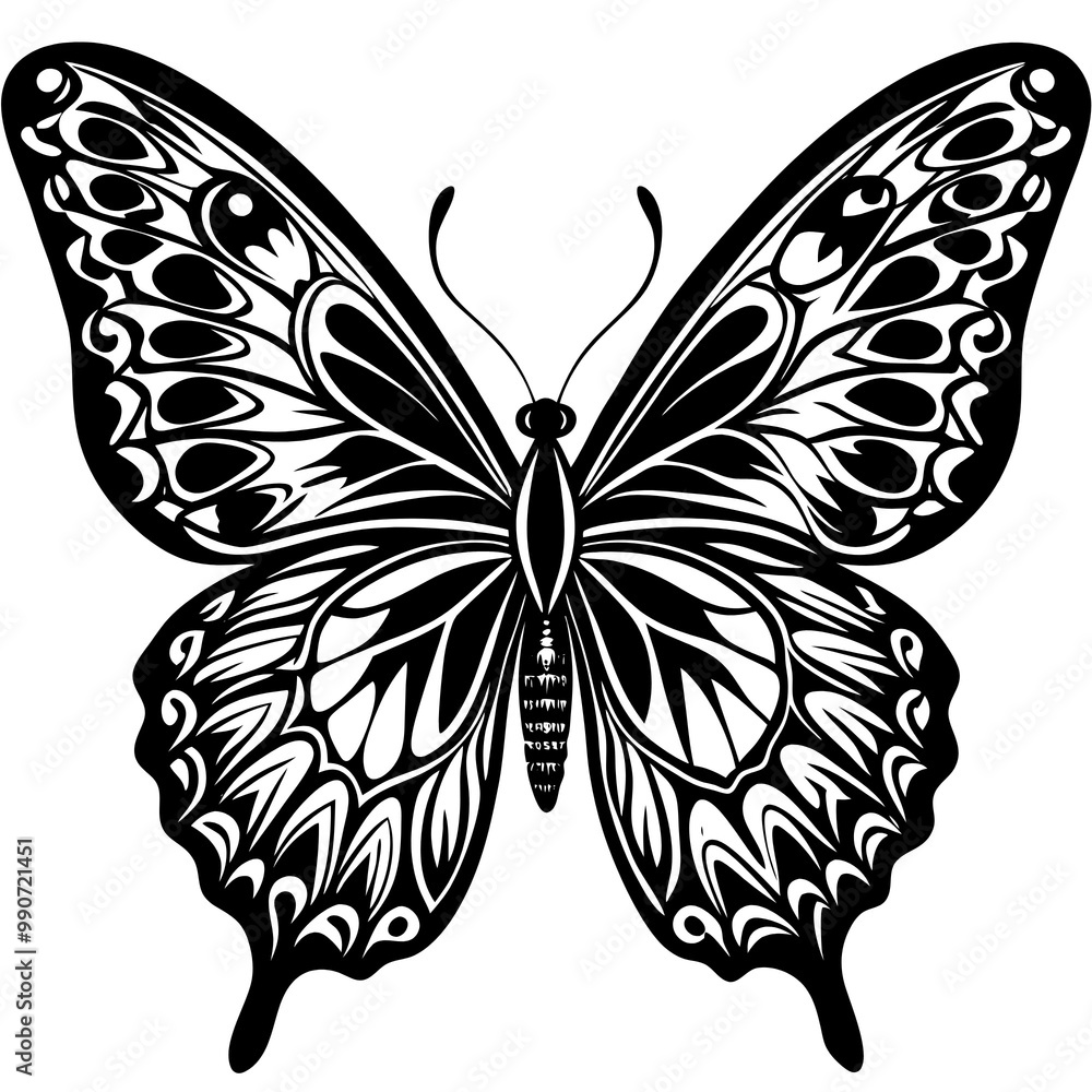 Black and white butterfly silhouette with intricate patterns, set against a plain white background. Ideal for use in designs, tattoos, or logo concepts. Black and white butterfly silhouette with intricate patterns, set against a plain white background. Ideal for use in designs, tattoos, or logo concepts.