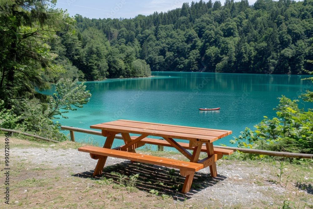 A wooden picnic table sits by a tranquil lake surrounded by lush greenery. A wooden picnic table sits by a tranquil lake surrounded by lush greenery.