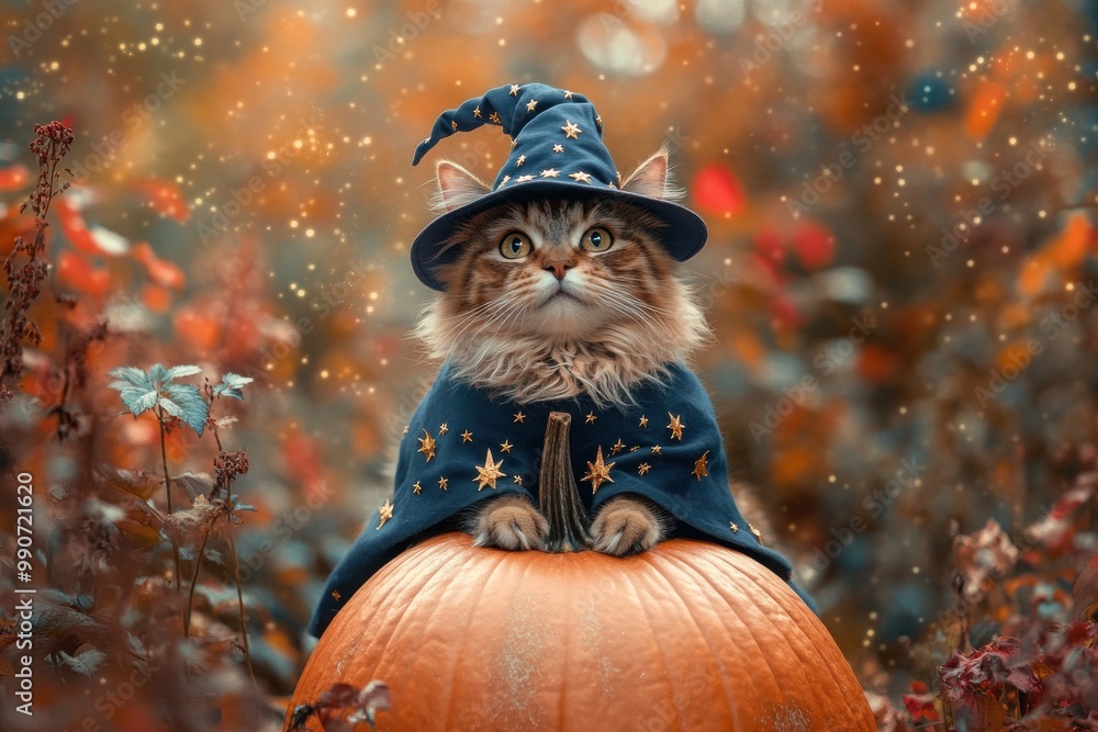 A whimsical cat in a wizard hat and cloak sits atop a pumpkin surrounded by colorful autumn foliage, creating a magical fall atmosphere. A whimsical cat in a wizard hat and cloak sits atop a pumpkin surrounded by colorful autumn foliage, creating a magical fall atmosphere.