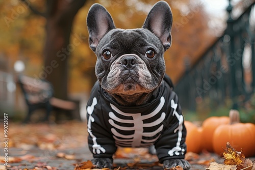 A cute French Bulldog dressed in a skeleton costume, surrounded by autumn leaves and pumpkins, captures the festive spirit of Halloween. photo