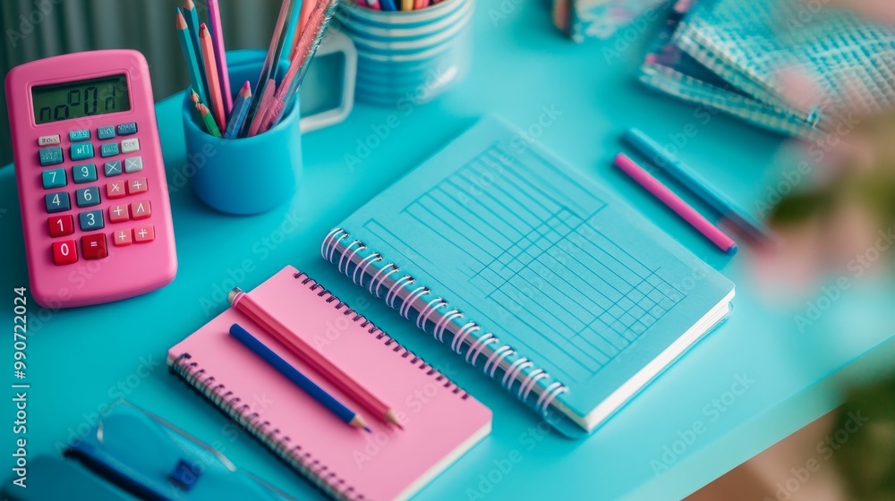 A neat desk ready for studying, with bright blue and pink school things like notebooks, pencils, and a calculator. A neat desk ready for studying, with bright blue and pink school things like notebooks, pencils, and a calculator.
