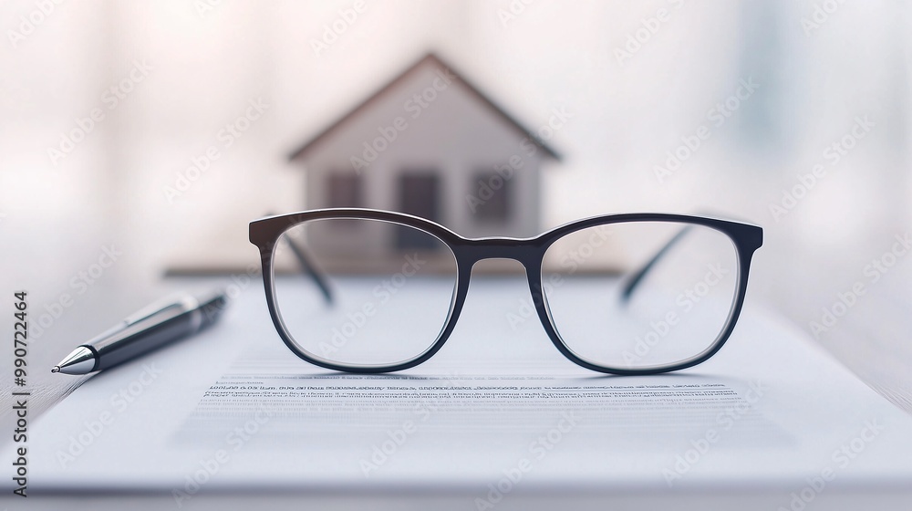 Modern Workspace with Glasses and House Model Modern Workspace with Glasses and House Model