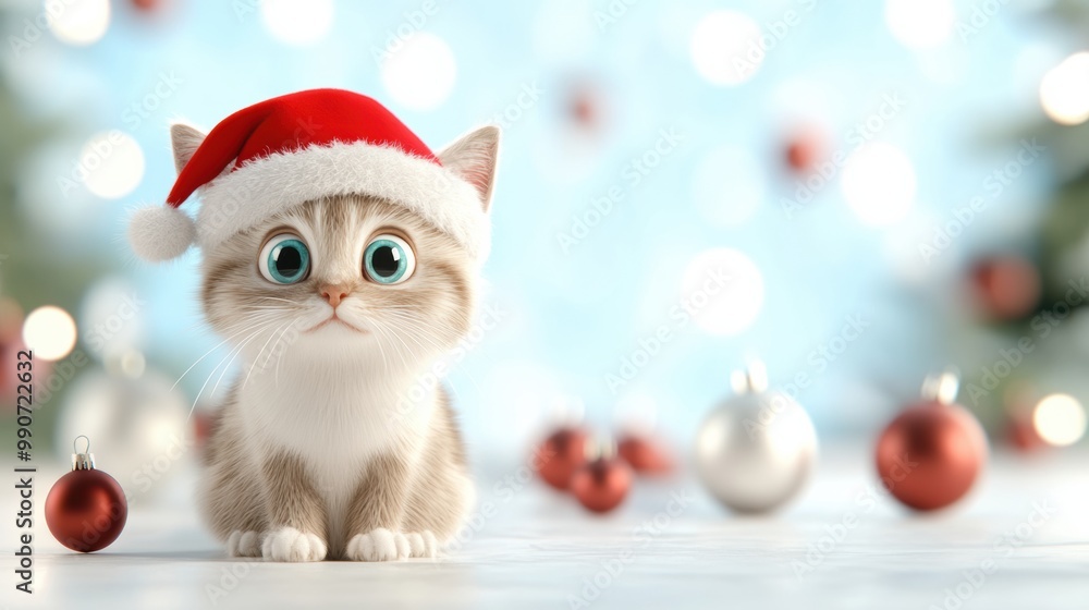 Adorable Kitten Wearing Santa Hat Among Christmas Ornaments Adorable Kitten Wearing Santa Hat Among Christmas Ornaments