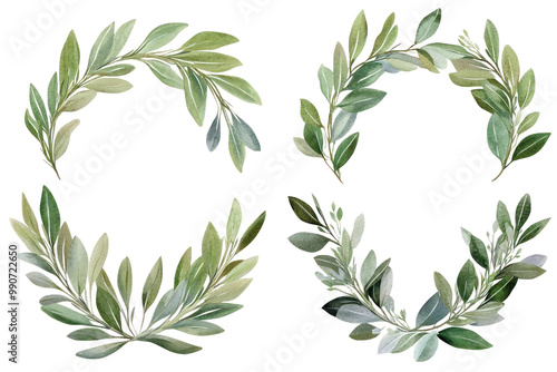 Set of green olive branches for awards, isolated on white background