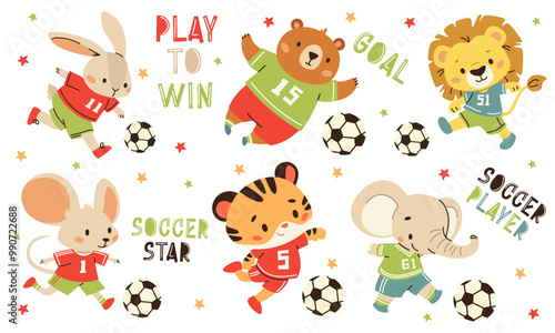 Set of flat vector illustrations in children's style. Cute animals in uniform playing soccer. Lion elephant elephant tiger hare mouse and bear. Sports-themed inscriptions and lettering. Vector