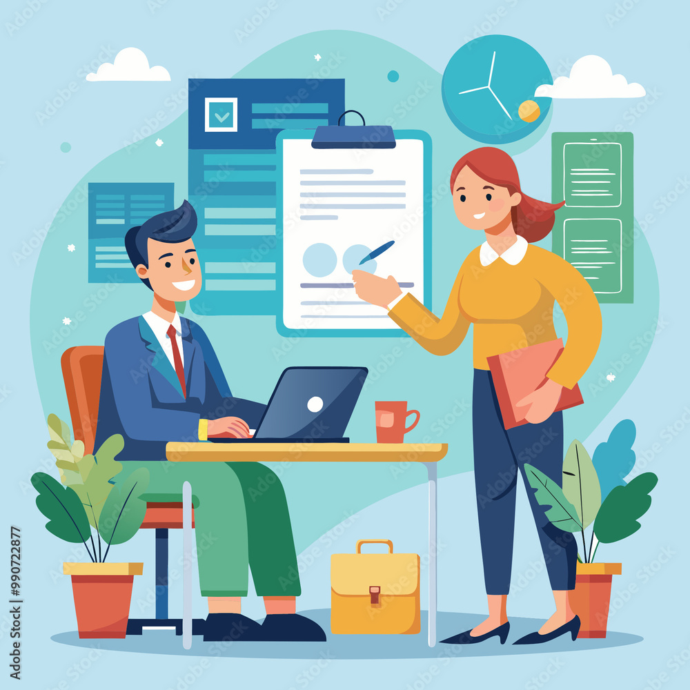 Cartoon-style business meeting illustration with a man at a laptop and a woman presenting documents, set in a modern office environment Cartoon-style business meeting illustration with a man at a laptop and a woman presenting documents, set in a modern office environment