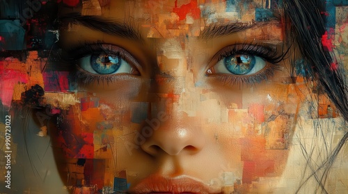 abstract digital collage of fragmented female face vibrant colors geometric shapes blends realism with surreal elements modern artistic portrait