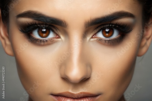 Warm, light brown eyes sparkle with intensity, accentuated by dark eyelashes and arched brows that shape a captivating