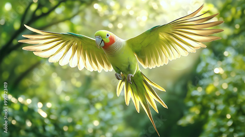 Extinct Carolina parakeet flying through forest, rare colorful bird species in flight
