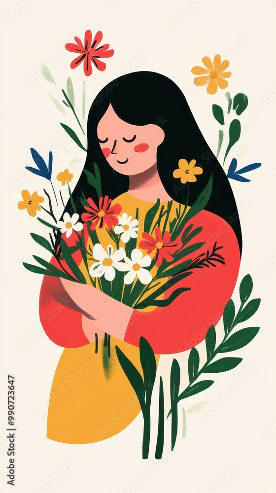 A modern illustration showcases a mother smiling as she embraces a colorful bouquet of flowers A modern illustration showcases a mother smiling as she embraces a colorful bouquet of flowers