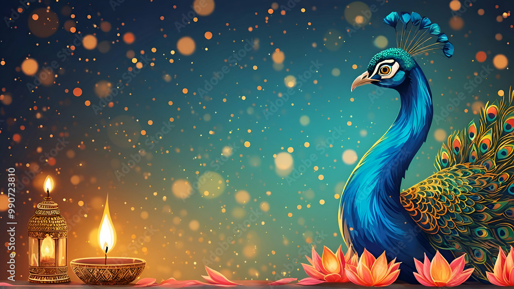 Happy Diwali Poster with Diya Lamp and Peacock. Indian festival of lights Design Happy Diwali Poster with Diya Lamp and Peacock. Indian festival of lights Design
