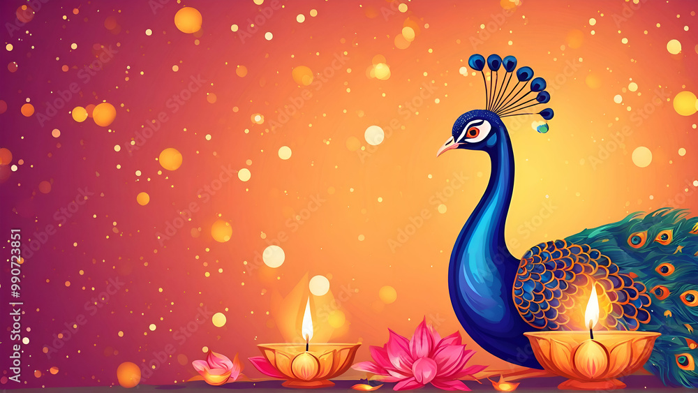 Happy Diwali Poster with Diya Lamp and Peacock. Indian festival of lights Design Happy Diwali Poster with Diya Lamp and Peacock. Indian festival of lights Design