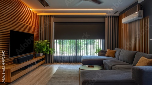 Cozy living room with electric blackout curtains, wooden wall panels, and automated roller blinds for a sleek, functional design. photo