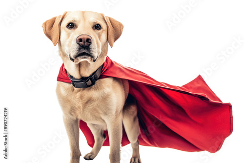 Dog in a superhero costume with a cape, isolated on white background photo