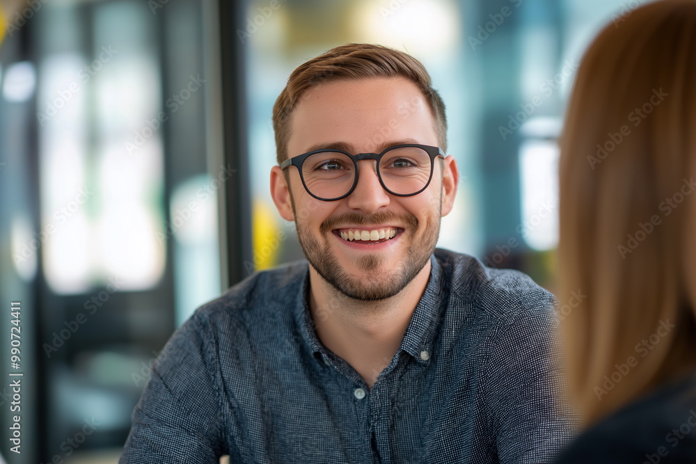 A smiling man is having an interview with the female manager of the company, sitting at her desk and wearing glasses. A smiling man is having an interview with the female manager of the company, sitting at her desk and wearing glasses.
