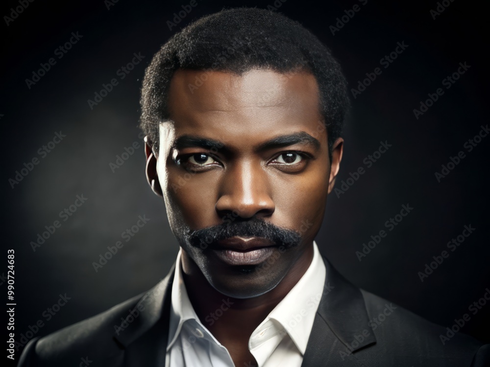 With a commanding gaze, the black man sporting a well-groomed mustache meets the lens, exuding a sense of With a commanding gaze, the black man sporting a well-groomed mustache meets the lens, exuding a sense of