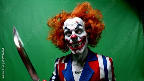 Creepy Killer Clown Holding Knife on Green Screen For Halloween