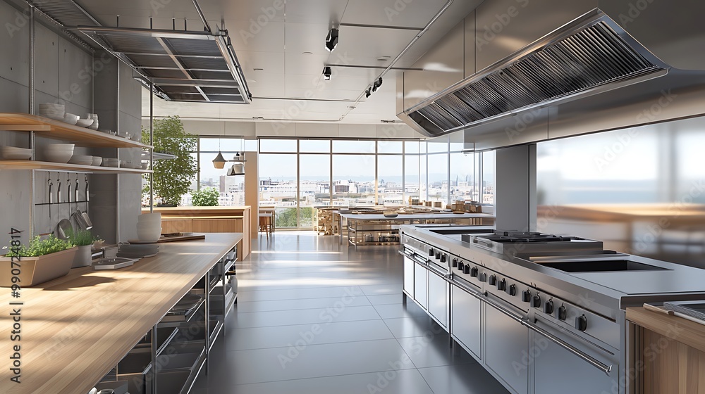 Modern Minimalist Kitchen Room with Wooden Table, luxurious Interior Design, Furniture with Background Modern Minimalist Kitchen Room with Wooden Table, luxurious Interior Design, Furniture with Background