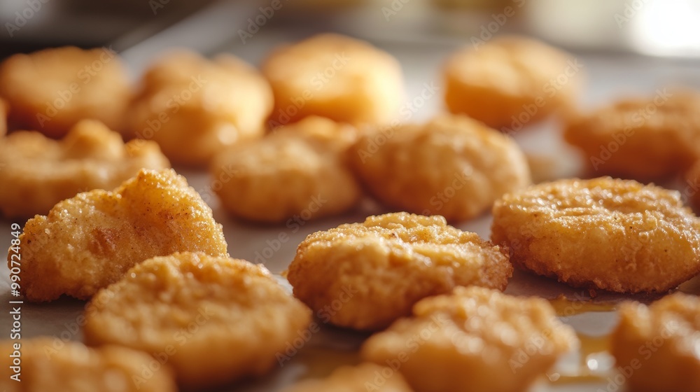 Chicken nuggets sit close together on a table. Chicken nuggets sit close together on a table.