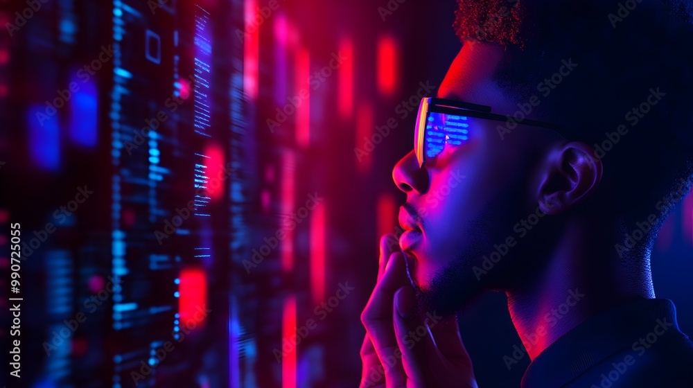 African student in tech class, side view of holographic data analysis on privacy leaks, neon-lit environment, futuristic AI collage, glowing AR tech details African student in tech class, side view of holographic data analysis on privacy leaks, neon-lit environment, futuristic AI collage, glowing AR tech details