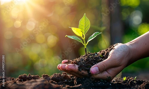 Close Up of Hands Planting a Tiny Green Plant, Bokeh Background