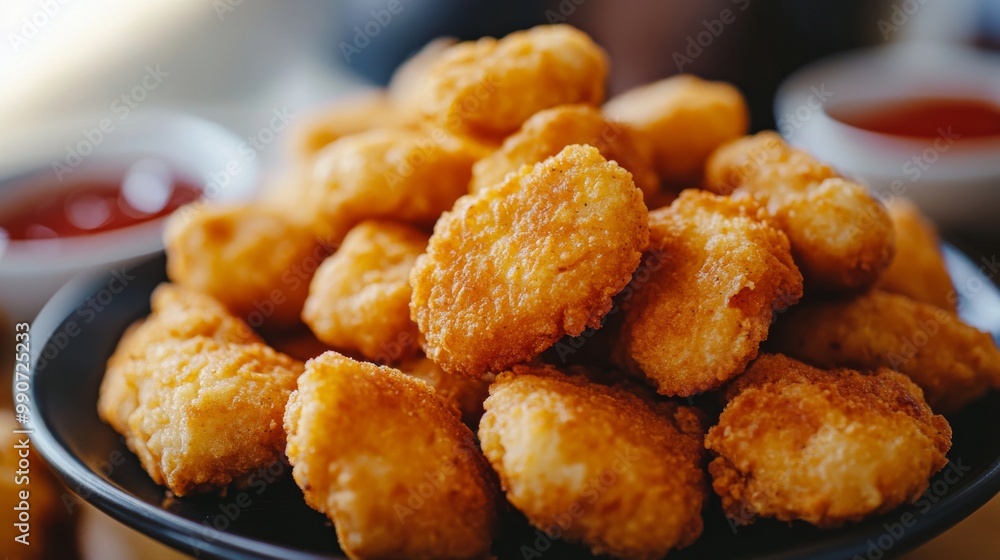 Chicken nuggets sit close together on a table. Chicken nuggets sit close together on a table.