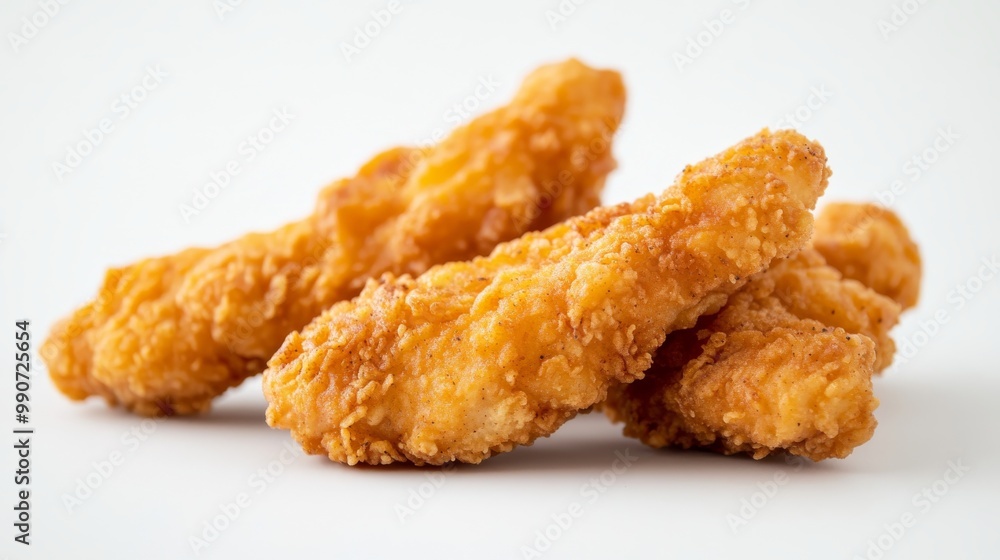 Crispy chicken fingers against a plain white backdrop. Crispy chicken fingers against a plain white backdrop.