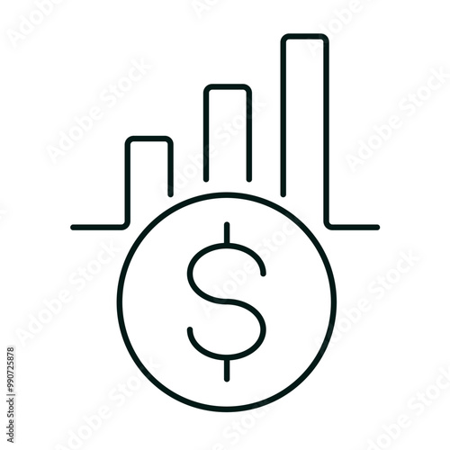 Dollar icon with bars going up. Money growth, cost, business success, investment or rising prices concept. Line symbol for web, mobile. Logo on white background. Editable vector stroke. Pixel Perfect.