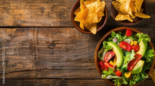 In one bowl green fresh salad with tomatoes and avocado, in another bowl chips. Healthy natural organic fresh vegetarian food vs unhealthy processed fast food. Lunch or snack solution photo