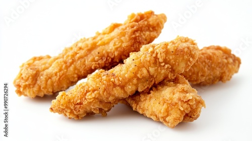 Crispy chicken fingers against a plain white backdrop.