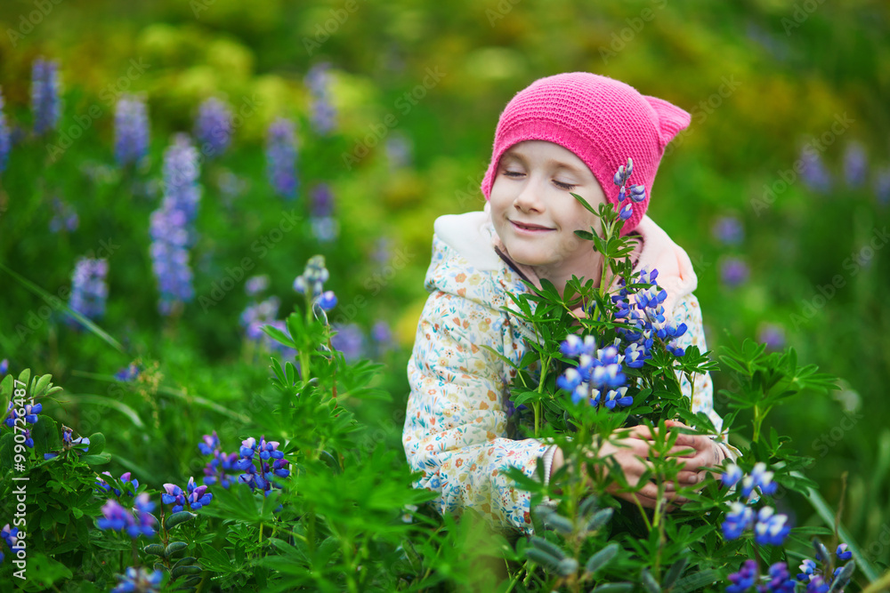 Adorable preschooler girl having fun on a meadow with flowers on a summer day in Iceland. Adorable preschooler girl having fun on a meadow with flowers on a summer day in Iceland.