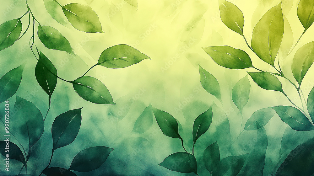 Green Watercolor Foliage on Abstract Background Green Watercolor Foliage on Abstract Background