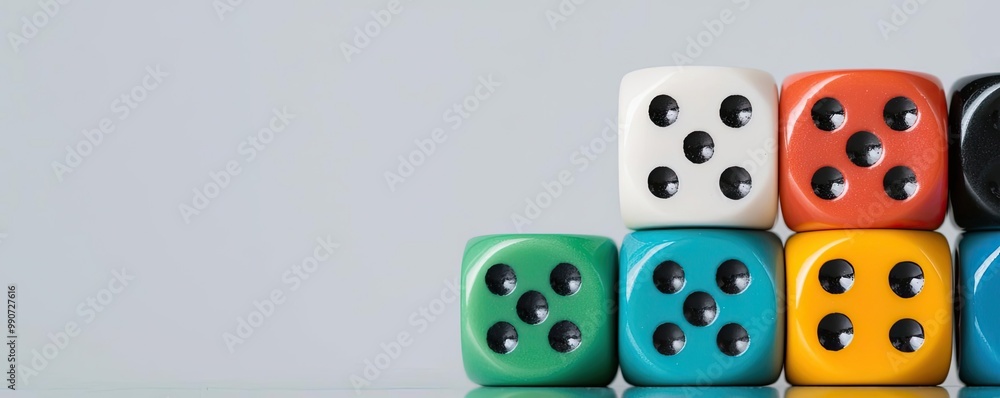 A close-up of colorful dice stacked together, perfect for games, luck, and chance-related themes in creative projects. A close-up of colorful dice stacked together, perfect for games, luck, and chance-related themes in creative projects.