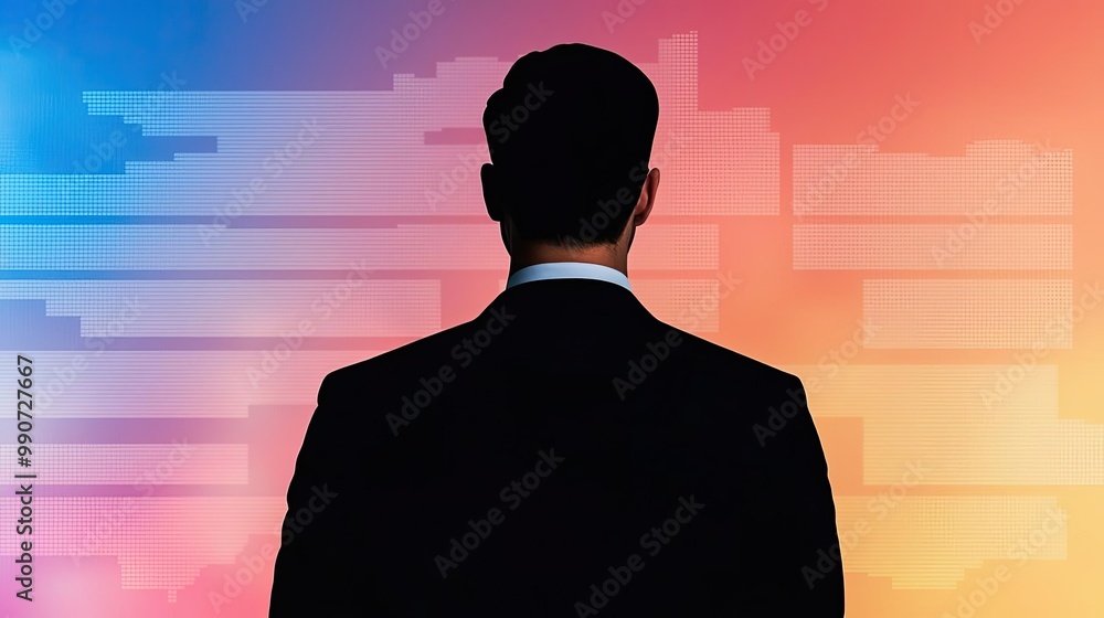 Silhouette of a man in a suit facing colorful abstract background, representing business, vision, and leadership concepts. Silhouette of a man in a suit facing colorful abstract background, representing business, vision, and leadership concepts.