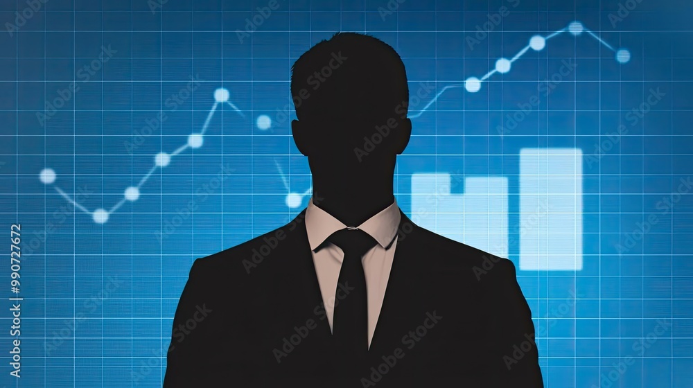 Silhouette of a businessman on a blue background with financial graphs, symbolizing success and corporate strategies. Silhouette of a businessman on a blue background with financial graphs, symbolizing success and corporate strategies.