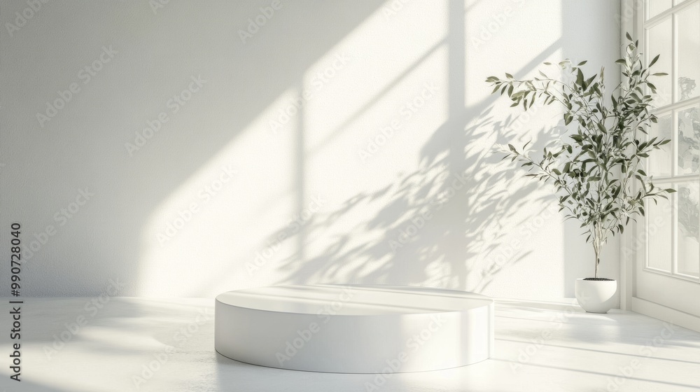 Minimalist white pedestal casting delicate plant shadows in a room filled with soft natural light from a bright window. Minimalist white pedestal casting delicate plant shadows in a room filled with soft natural light from a bright window.