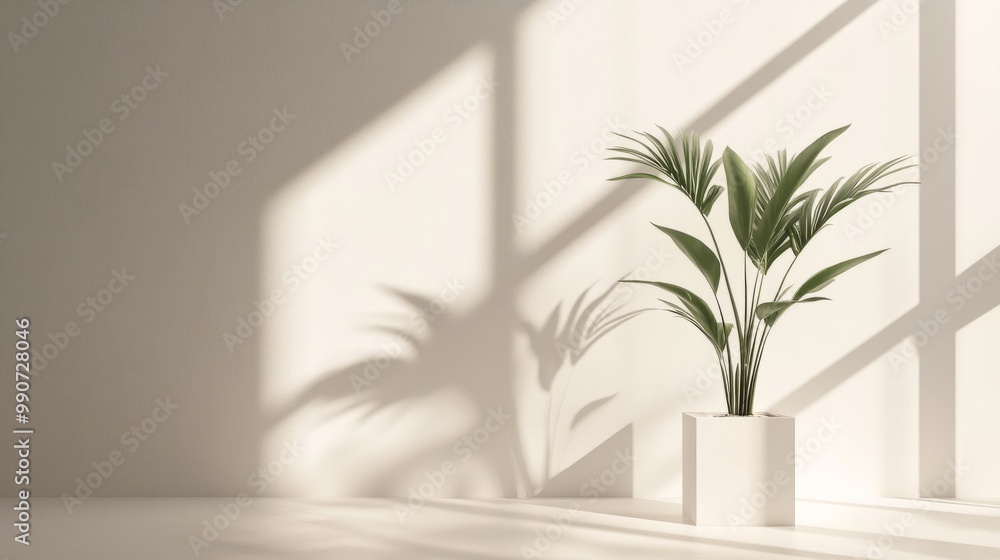 Minimalist white pedestal casting delicate plant shadows in a room filled with soft natural light from a bright window. Minimalist white pedestal casting delicate plant shadows in a room filled with soft natural light from a bright window.
