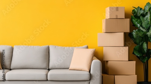 A couch and a potted plant in front of yellow wall, AI