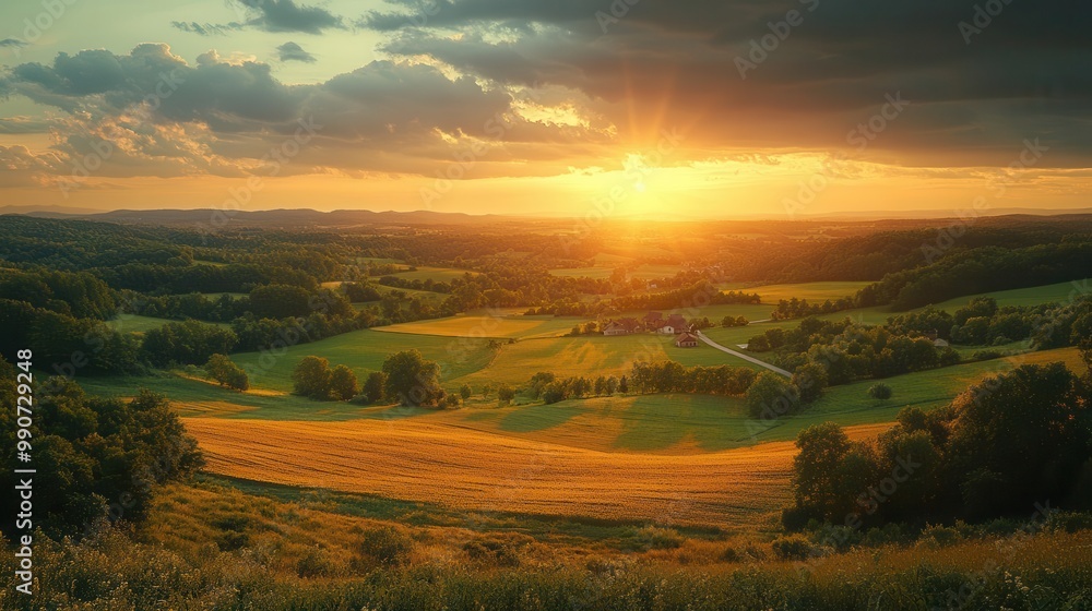 aerial view of patchwork farmlands stretching to horizon vibrant fields of crops winding country roads and scattered farmhouses create a picturesque rural landscape under a golden sunset sky aerial view of patchwork farmlands stretching to horizon vibrant fields of crops winding country roads and scattered farmhouses create a picturesque rural landscape under a golden sunset sky