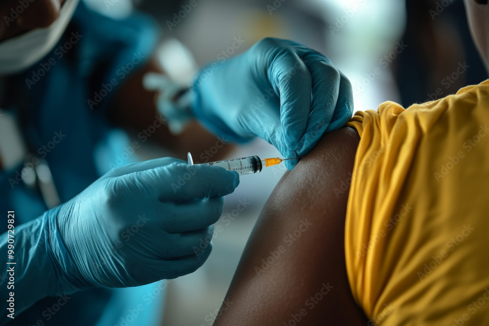 A healthcare provider in gloves carefully injects a vaccine into the arm of a patient wearing a yellow shirt. The setting is a busy medical facility. A healthcare provider in gloves carefully injects a vaccine into the arm of a patient wearing a yellow shirt. The setting is a busy medical facility.