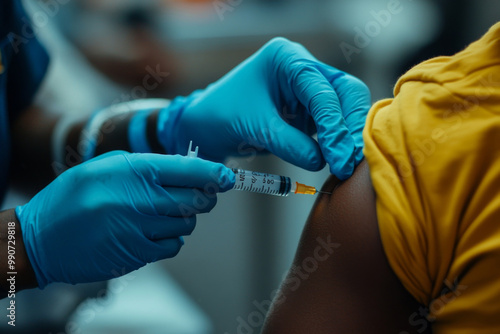 A healthcare provider in gloves carefully injects a vaccine into the arm of a patient wearing a yellow shirt. The setting is a busy medical facility.