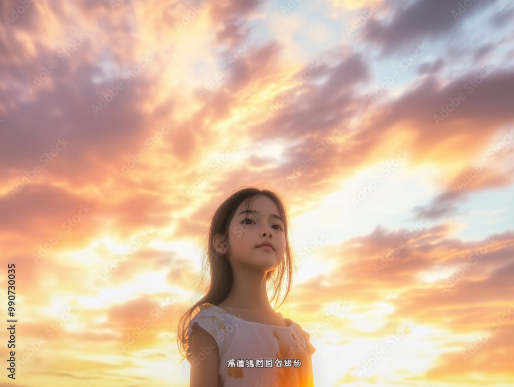 Young woman enjoying a sunset, gazing into the distance. Young woman enjoying a sunset, gazing into the distance.