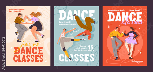 Set of event posters of dancing master class from artists. Design templates of dancers' performance promotion. Advertising of ballet, breakdancing, lindy music lessons. Flat vector illustrations