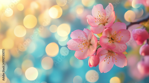 Springtime Cherry Blossoms with Blue, Yellow, and White Bokeh Effects