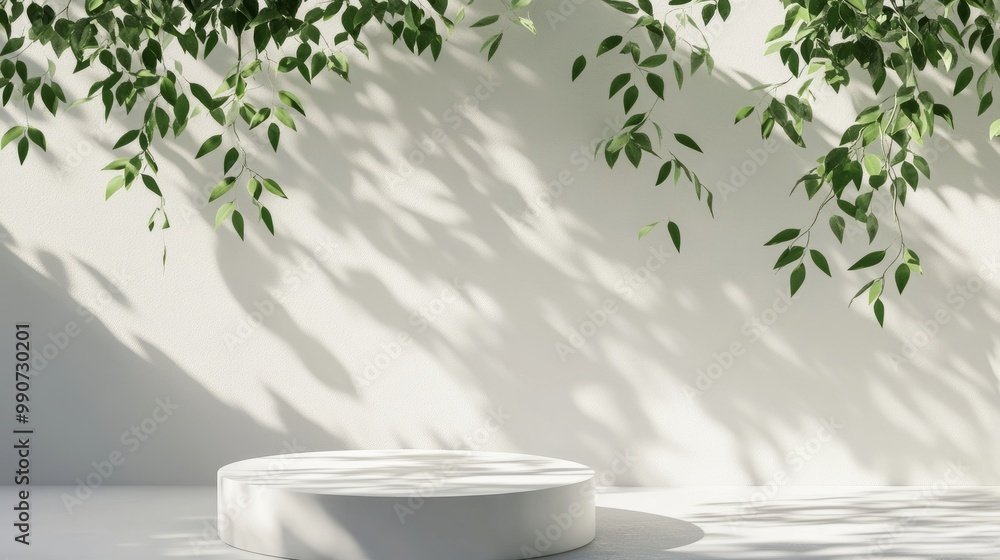 Simple white pedestal with soft shadows from green leaves gently falling on a sunlit, bright wall. Simple white pedestal with soft shadows from green leaves gently falling on a sunlit, bright wall.