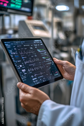 A healthcare worker observes vital patient statistics displayed on a tablet while conducting evaluations in a hospital environment at night.