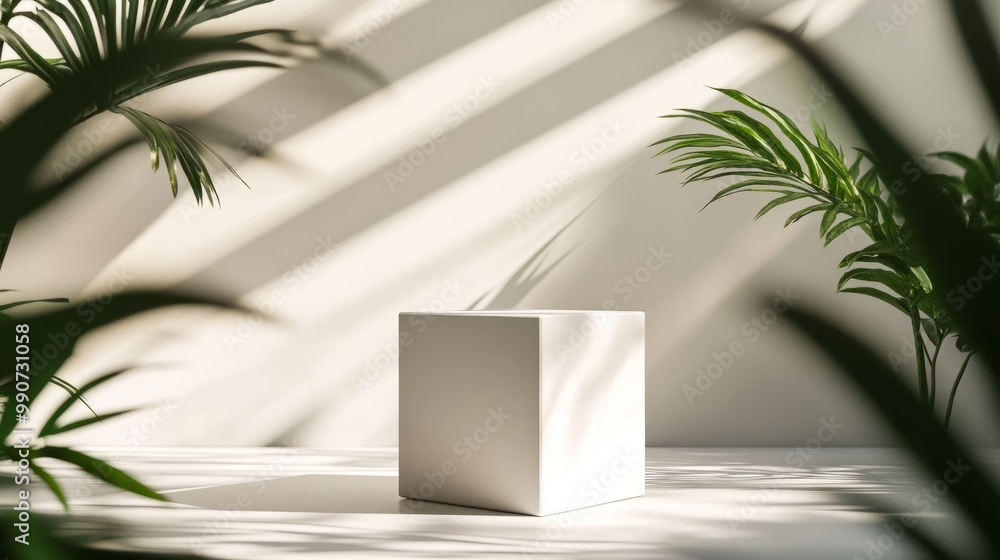 Sunlit white pedestal surrounded by green plant shadows, creating a minimalist scene with bright, clean lines.