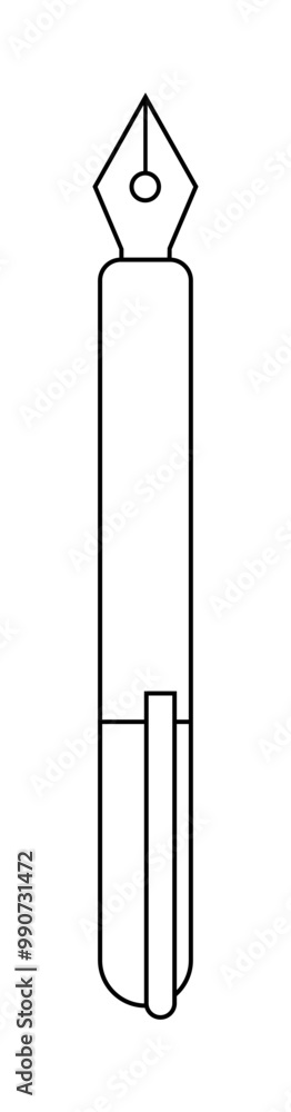 A fountain pen with a detailed nib and clip, depicted in black and white line art style. Ideal for stationery, writing, education, creativity, and design themes. Minimalist vector. A fountain pen with a detailed nib and clip, depicted in black and white line art style. Ideal for stationery, writing, education, creativity, and design themes. Minimalist vector.