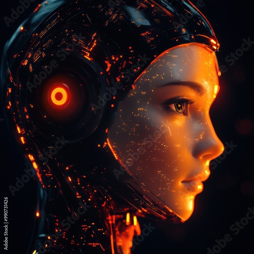 Dark-themed robot with red glowing electronic eye photo